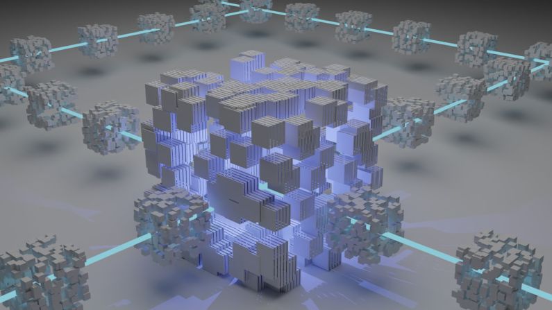 Blockchain - a computer generated image of a cube surrounded by smaller cubes